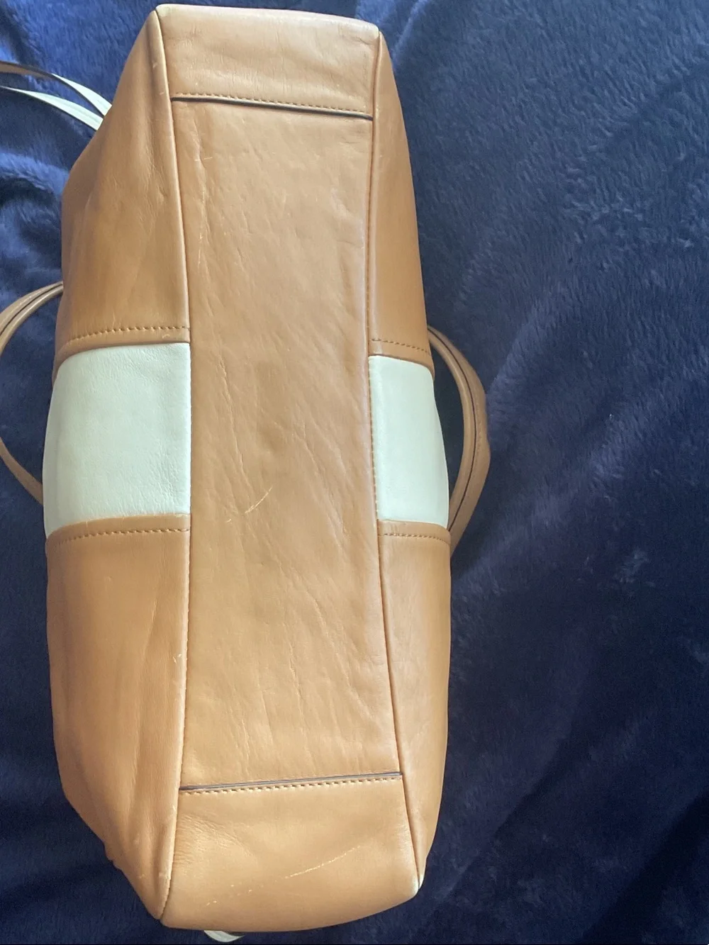 Coach Tan Leather Tote with Cream Center Stripe
